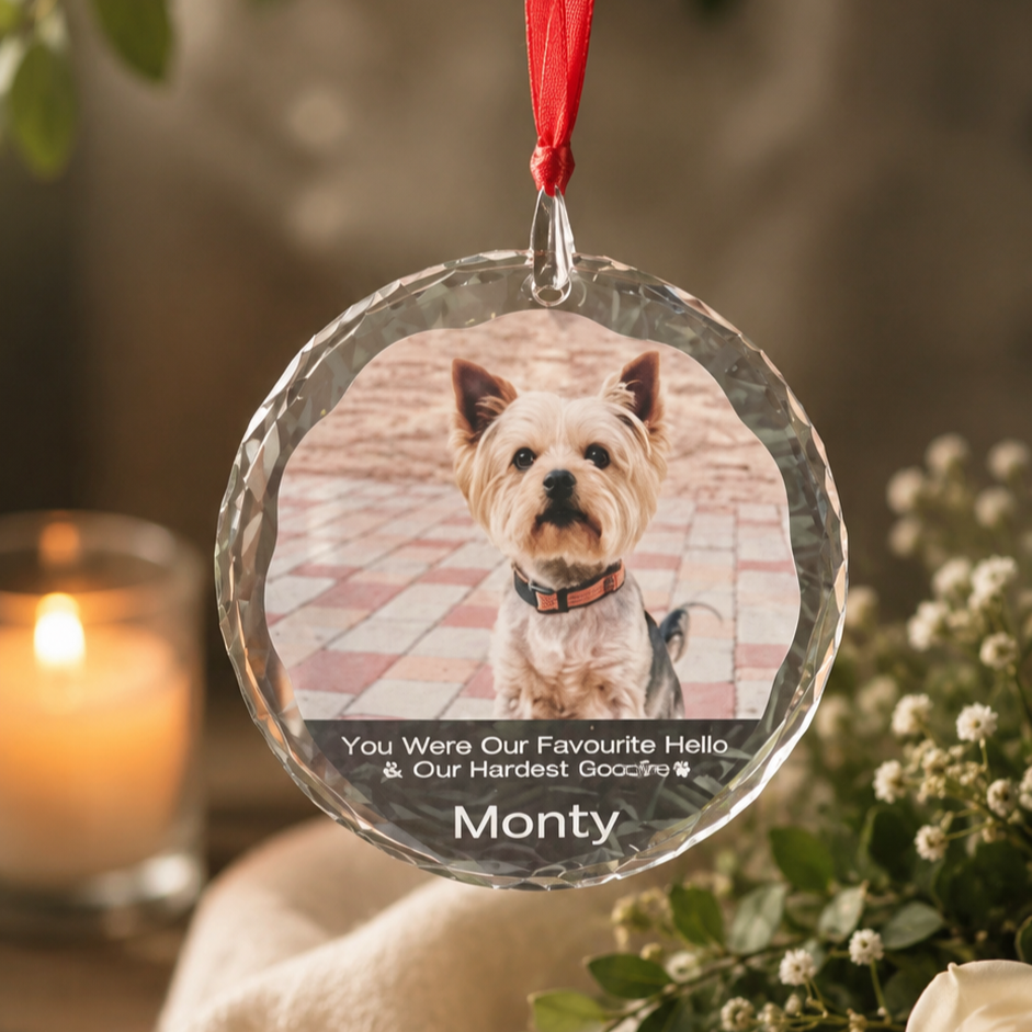 personalised crystal pet memorial ornament with photo and name