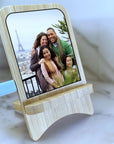 Personalised bamboo wireless charging phone stand with custom photo