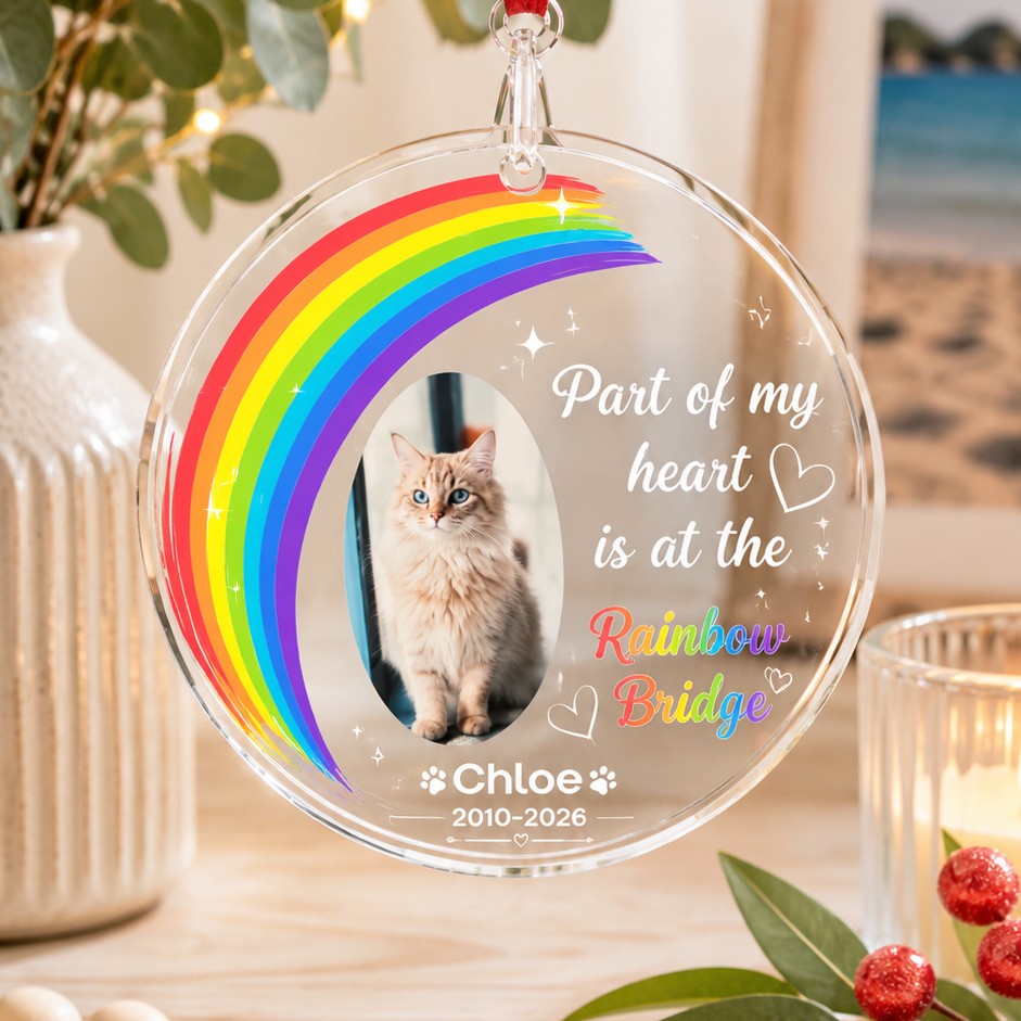 Personalised Rainbow Bridge pet memorial ornament with photo, rainbow design and custom name