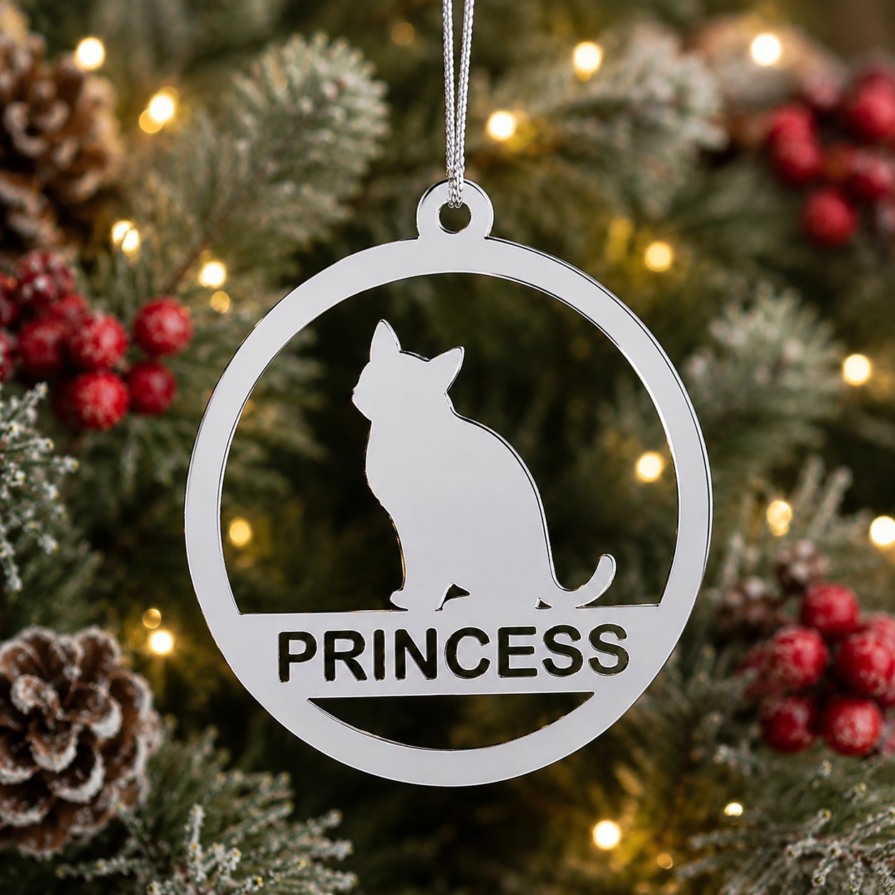 Decorative Christmas ornament with a cat silhouette and custom name