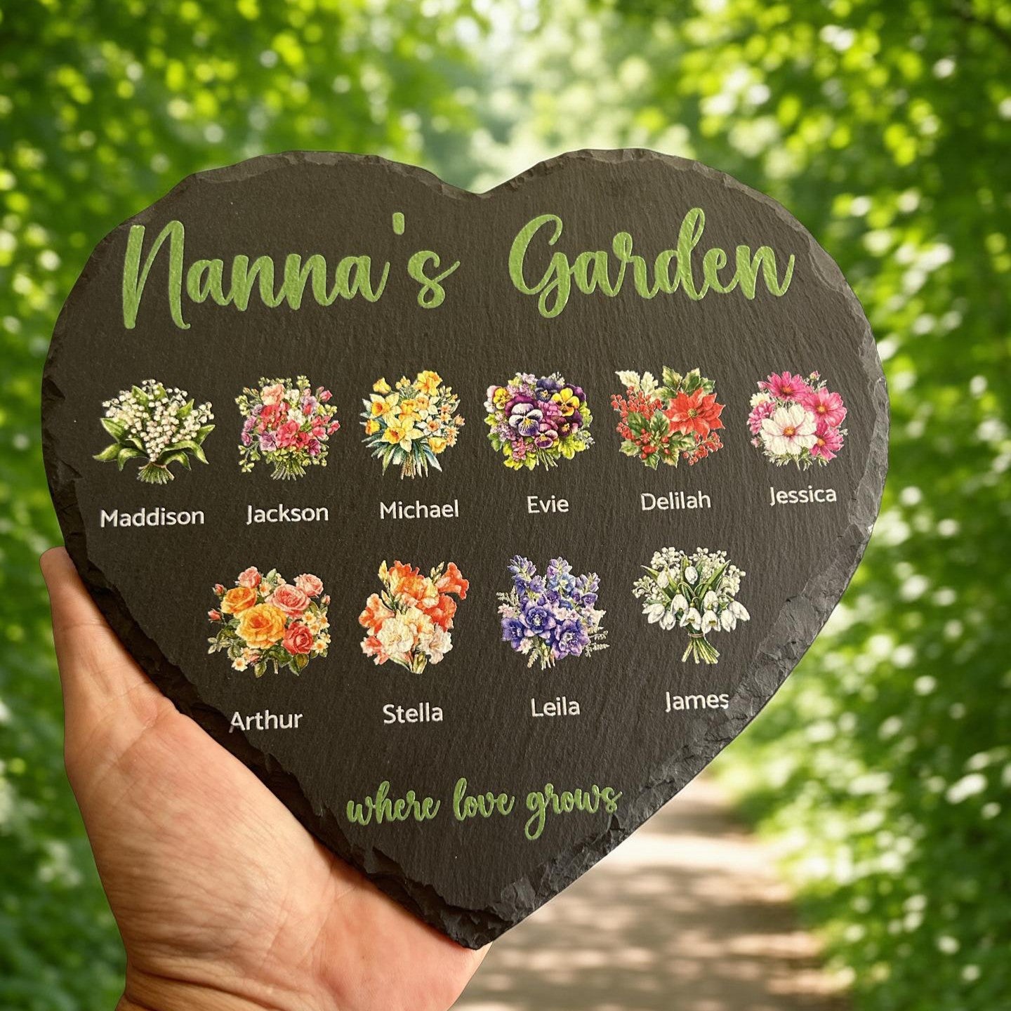 Personalised birth flower slate plaque family names