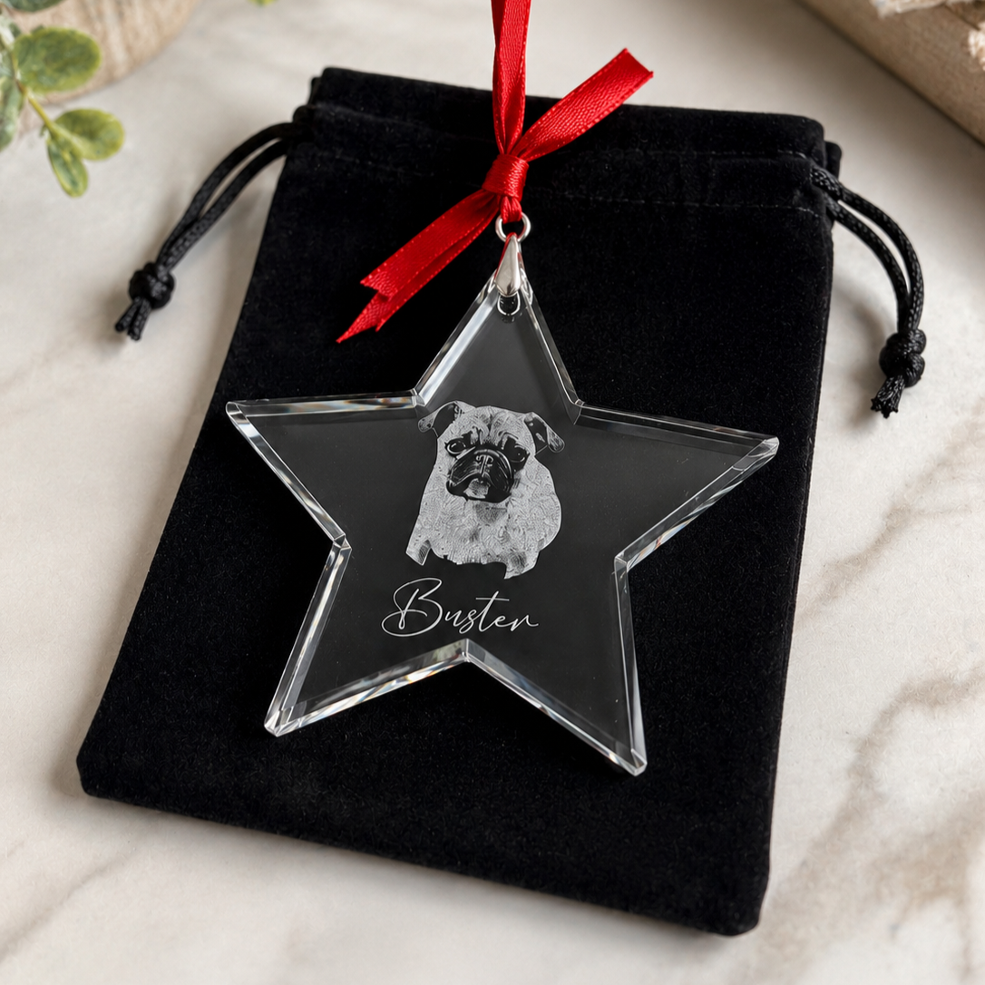 Personalised engraved crystal pet photo star Christmas ornament with black velvet gift bag