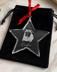 Personalised engraved crystal pet photo star Christmas ornament with black velvet gift bag