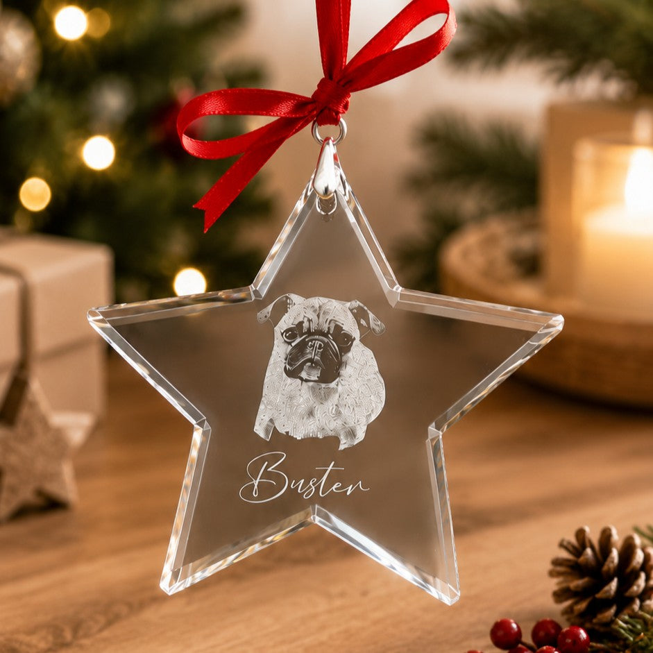 laser engraved crystal star ornament featuring a personalised pet portrait