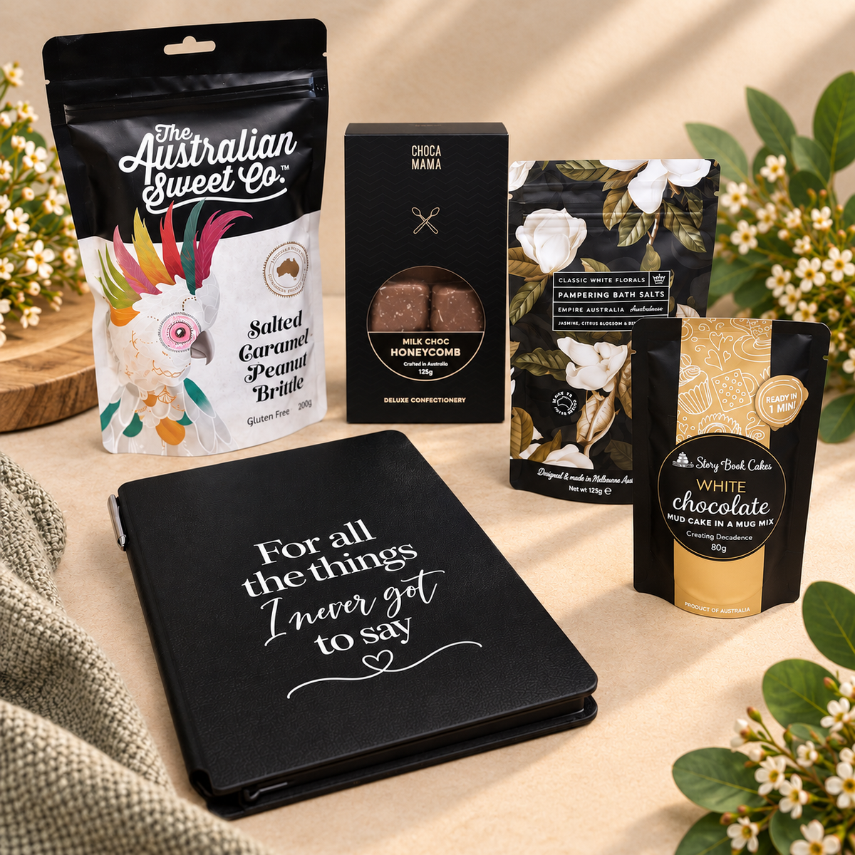 Sympathy gift hamper with For All the Things I Never Got to Say remembrance journal