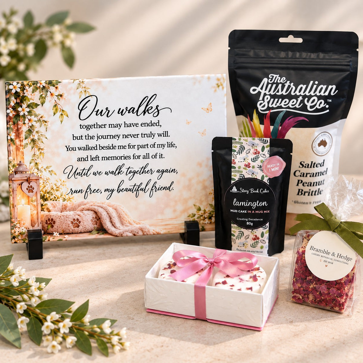 Pet sympathy gift hamper with choice of memorial tile sayings and self-care gifts
