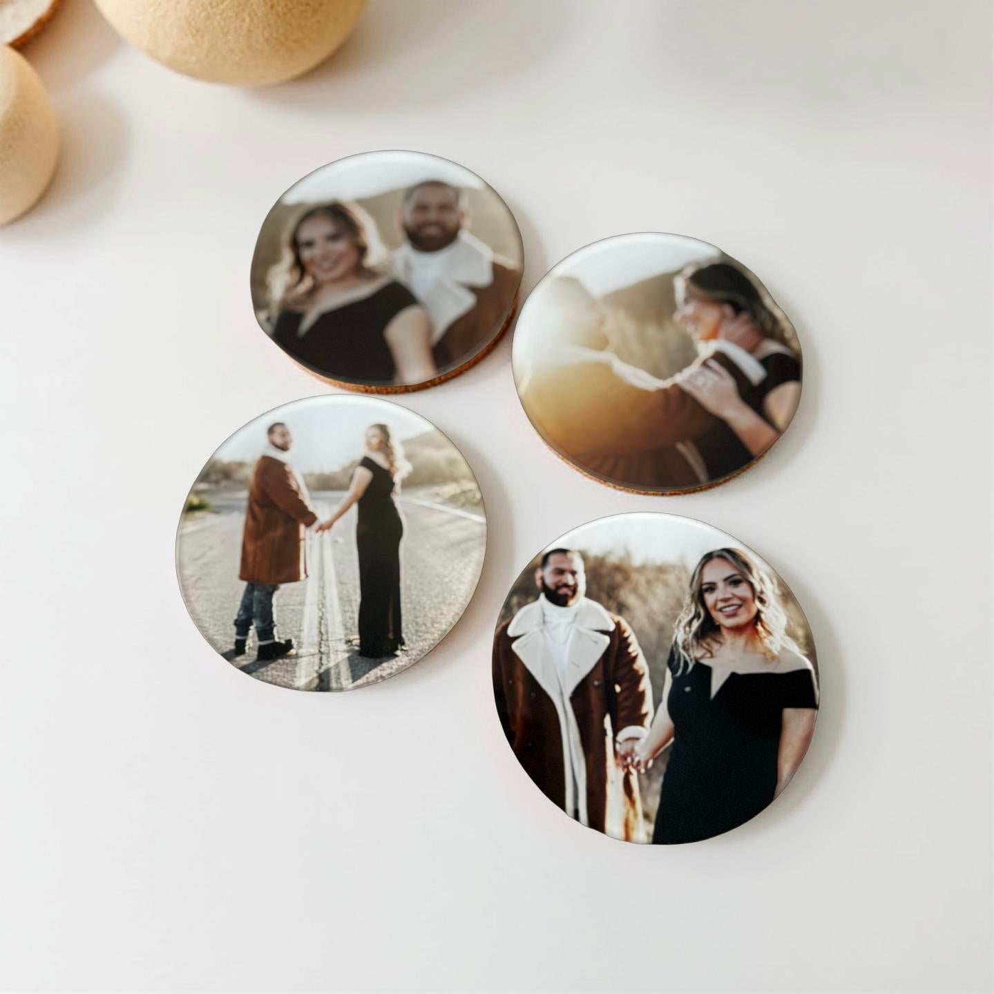 Round personalised photo coasters printed on clear acrylic