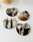 Round personalised photo coasters printed on clear acrylic