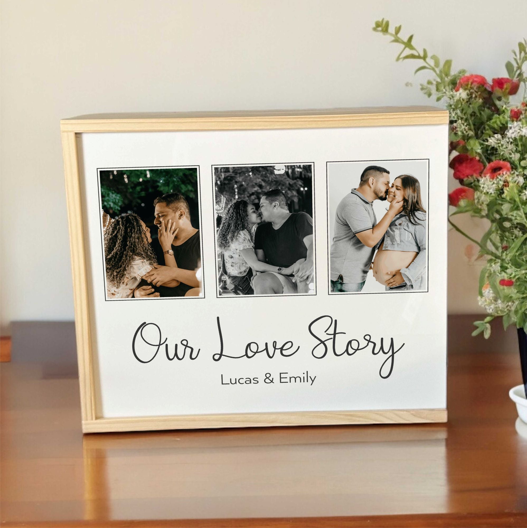 Personalised three photo wooden keepsake box