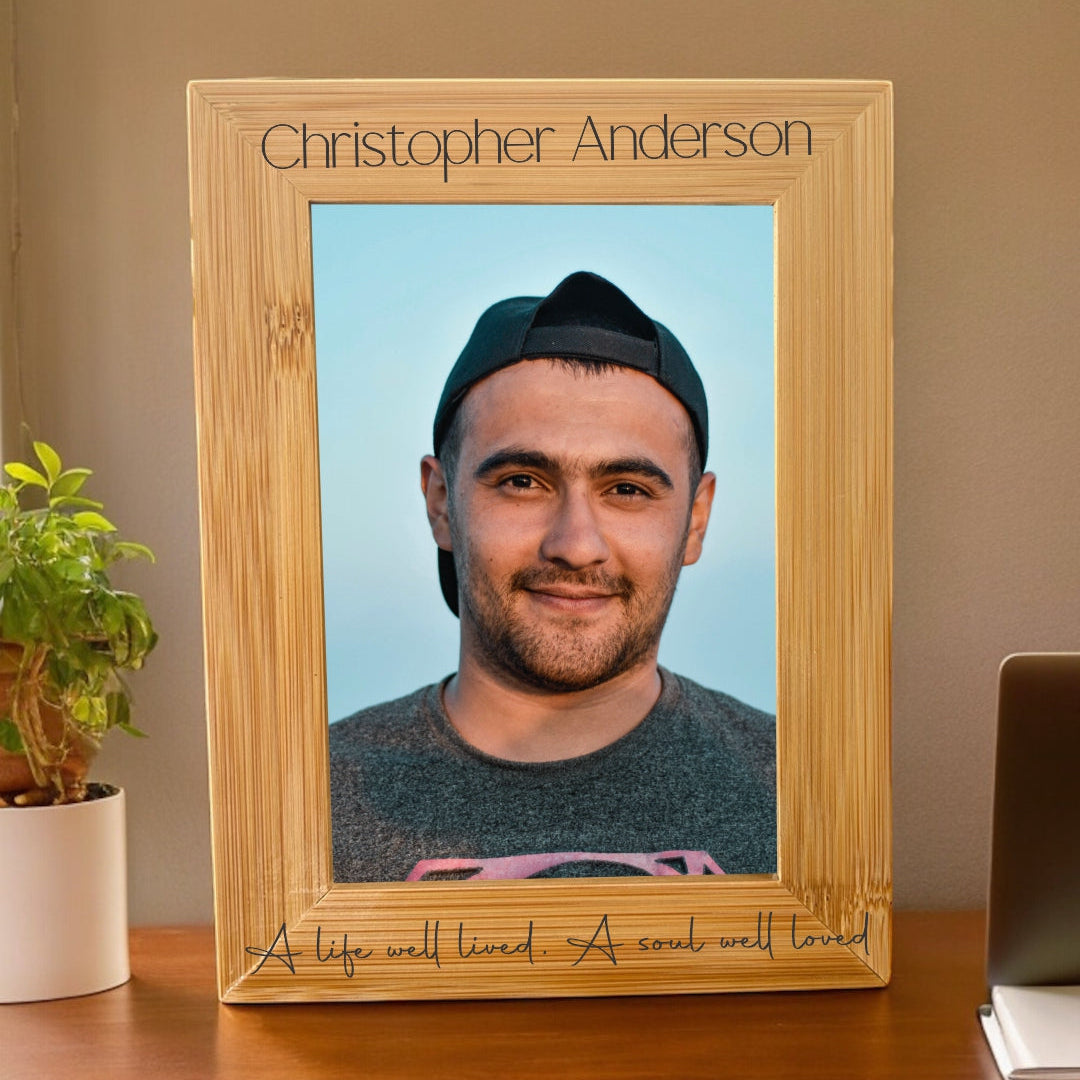 Personalised bamboo memorial photo frame with custom name