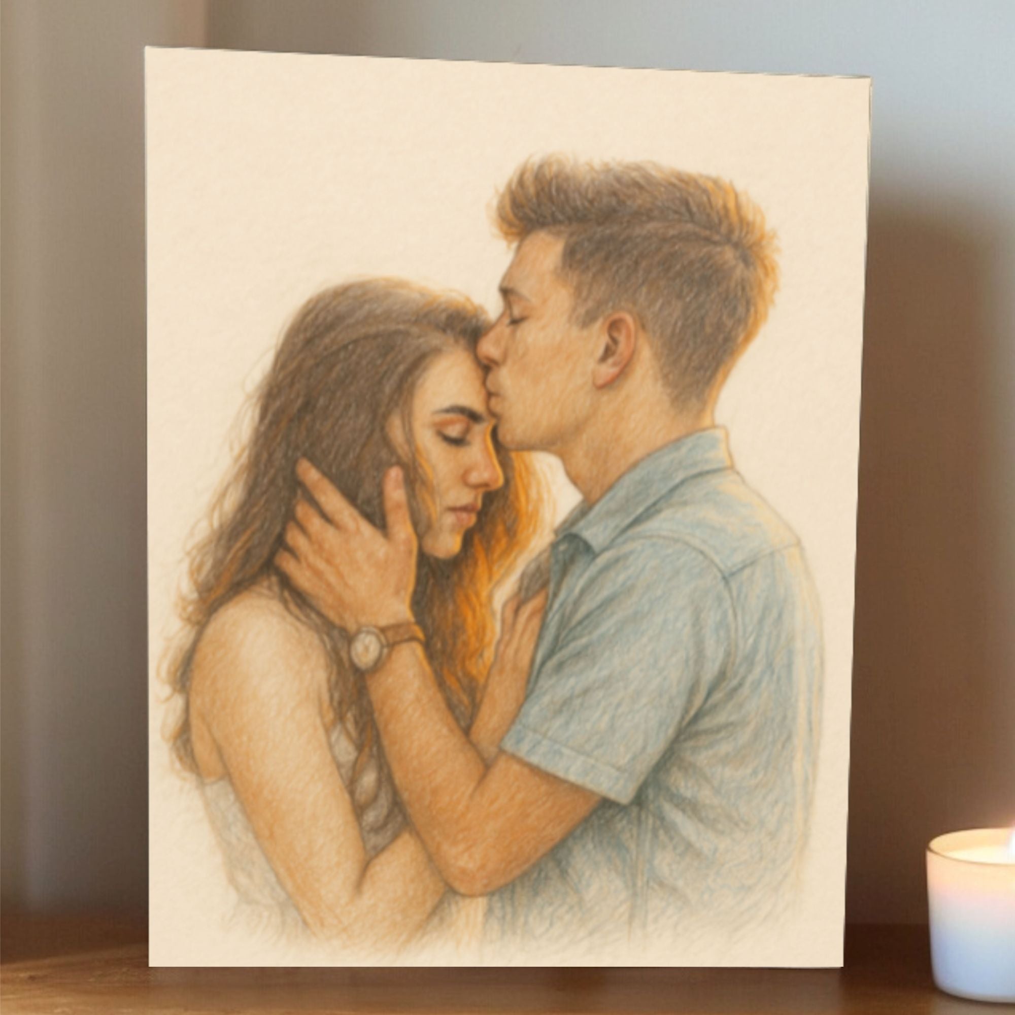 Personalised photo art on pine block displayed on shelf, romantic home décor gift