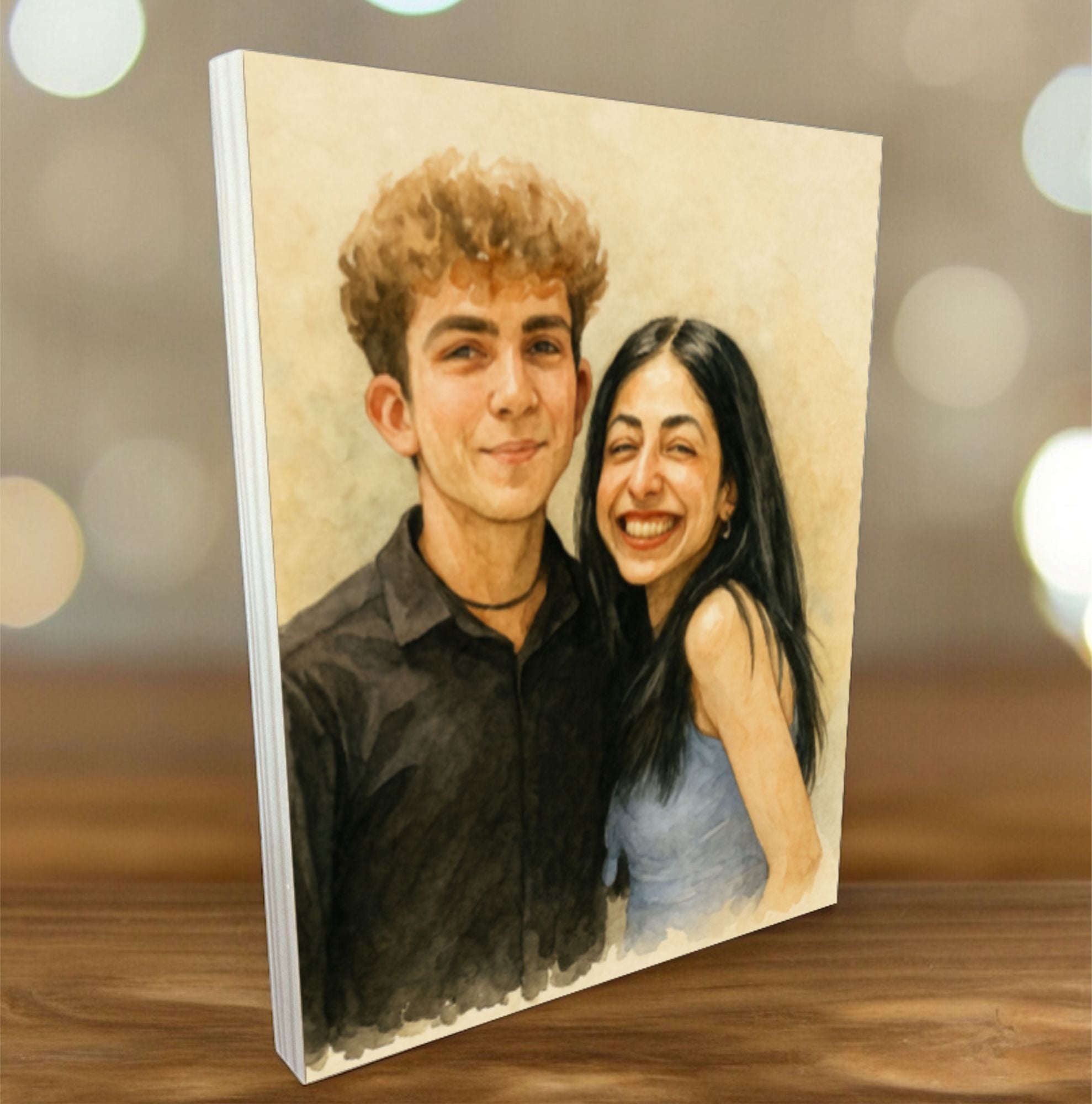 Personalised AI-generated pencil portrait printed on pine wood block, romantic couple artwork