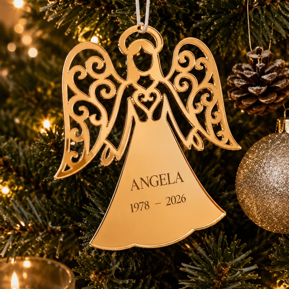 mirror acrylic memorial angel ornament in gold with engraved name and dates, custom remembrance keepsake