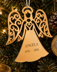 mirror acrylic memorial angel ornament in gold with engraved name and dates, custom remembrance keepsake