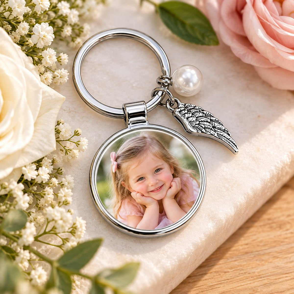 Personalised memorial photo keyring with angel wing charm