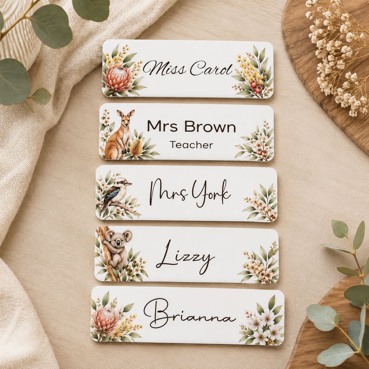 Personalised magnetic name badge 85 × 30mm with kangaroo and Australian native flowers