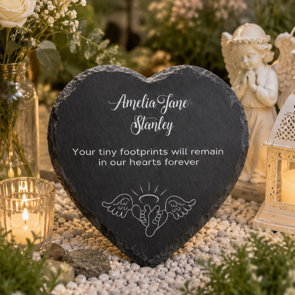 Personalised baby loss memorial slate heart plaque with angel wings and tiny footprints design