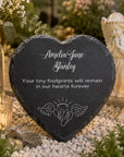 Personalised baby loss memorial slate heart plaque with angel wings and tiny footprints design