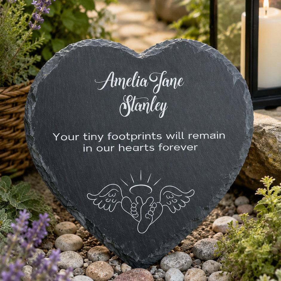 Natural slate baby memorial heart plaque personalised with baby's name and memorial quote