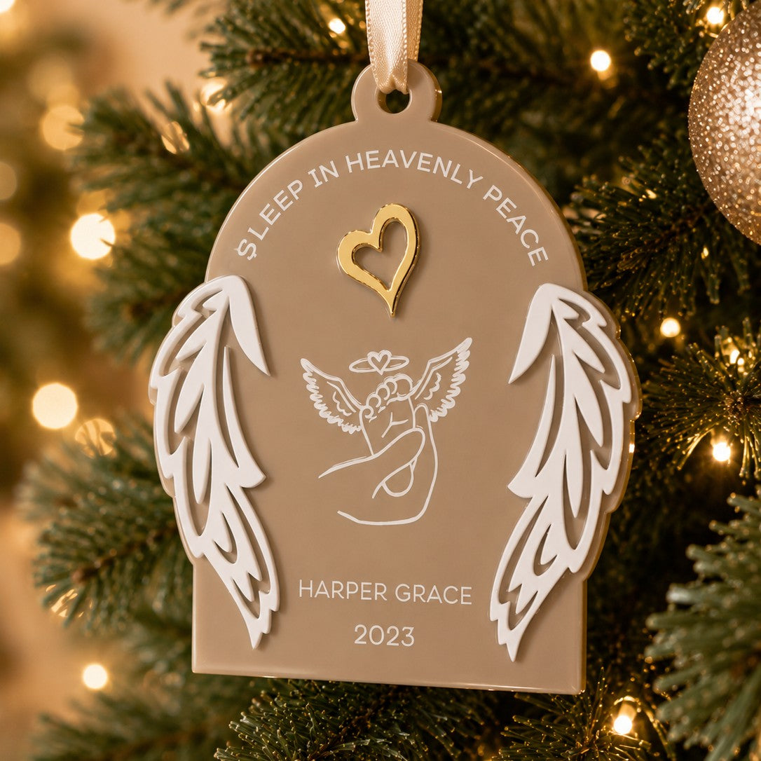 acrylic baby loss ornament with 3D angel wings and gold heart