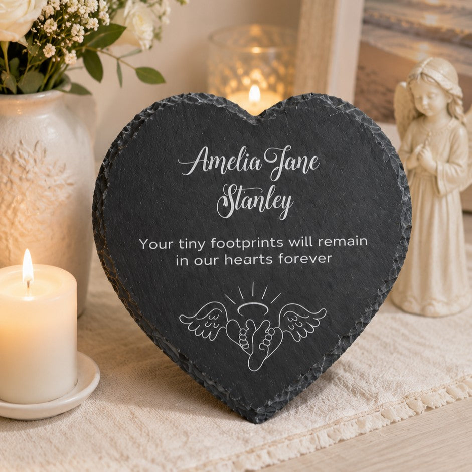 Heart-shaped baby remembrance slate plaque for bereaved parents and families,