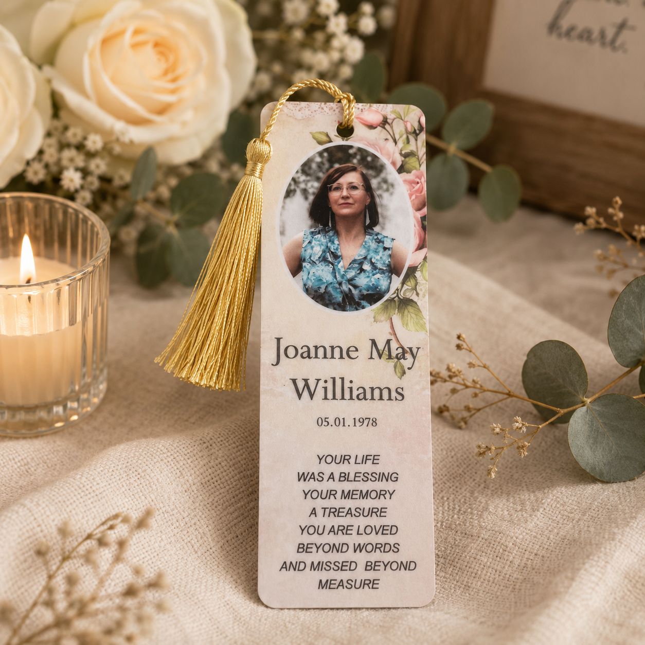 Funeral remembrance acrylic bookmarks personalised with photo and memorial message