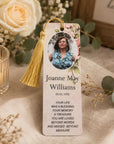 Funeral remembrance acrylic bookmarks personalised with photo and memorial message