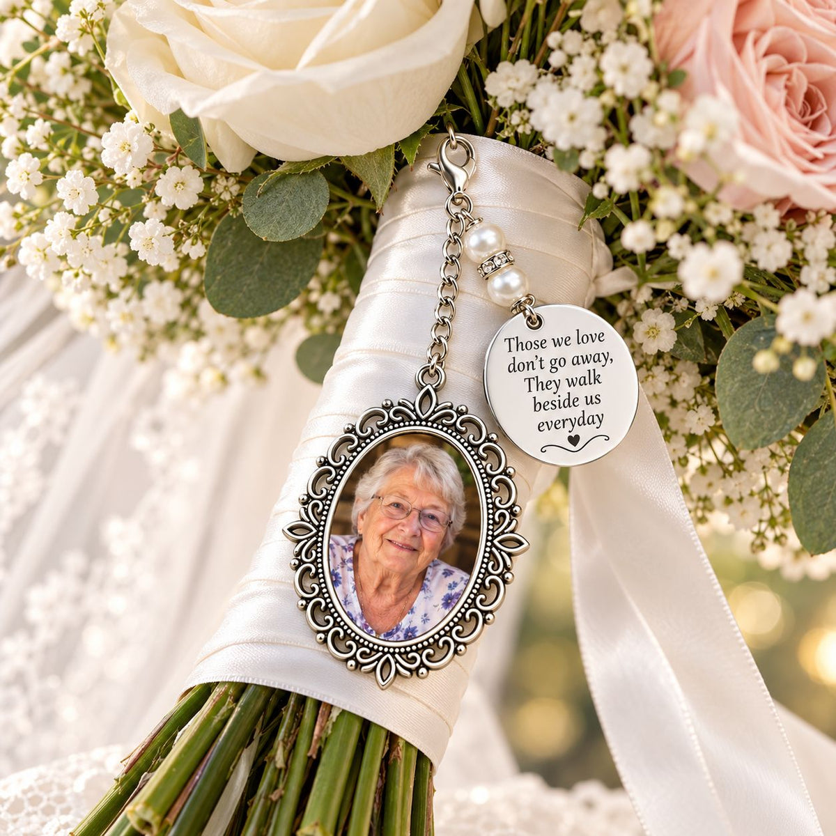 Personalised memorial wedding bouquet charm with photo