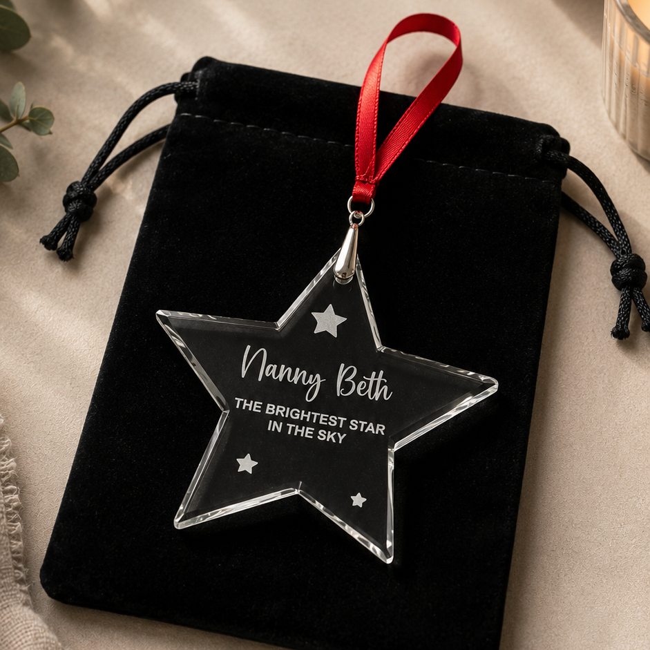 Personalised crystal memorial star Christmas ornament with black velvet gift bag
