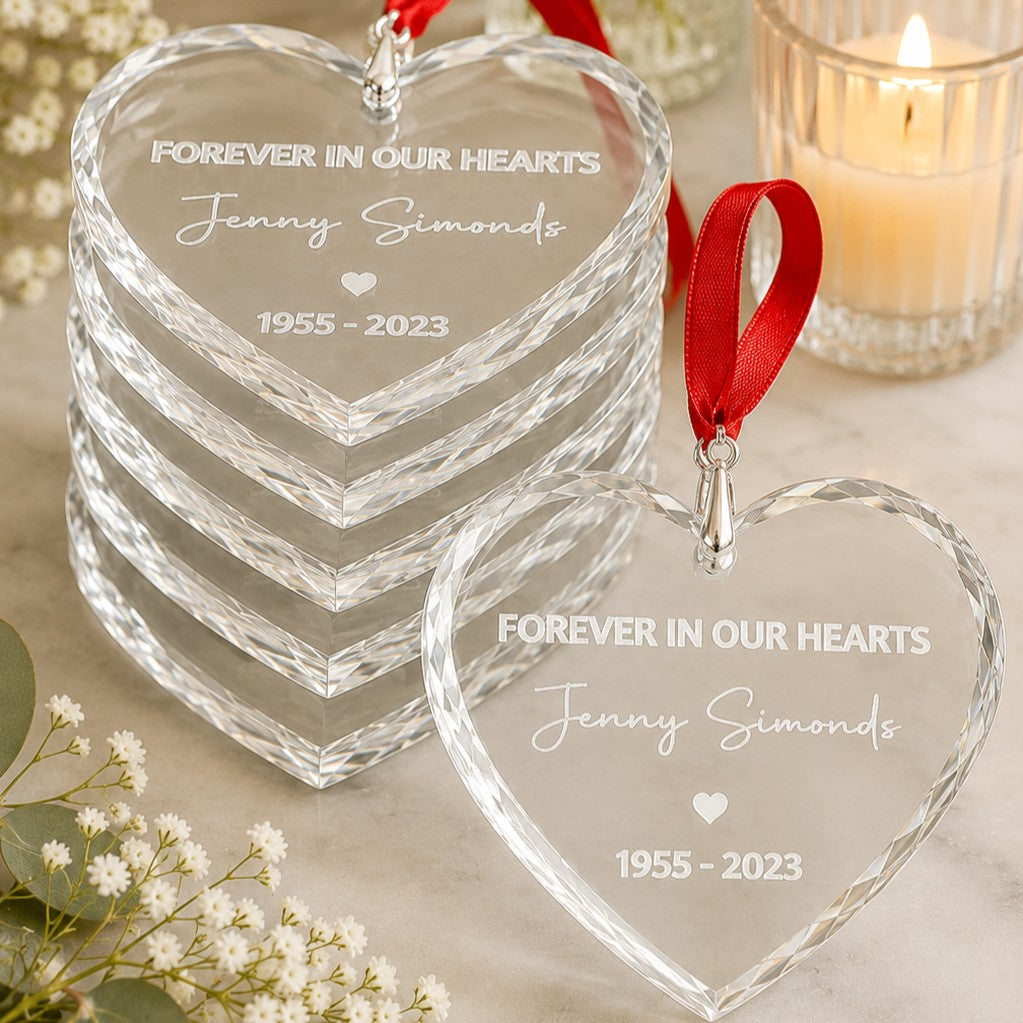 Personalised crystal heart memorial ornament bundle with black velvet gift bag or premium gift box