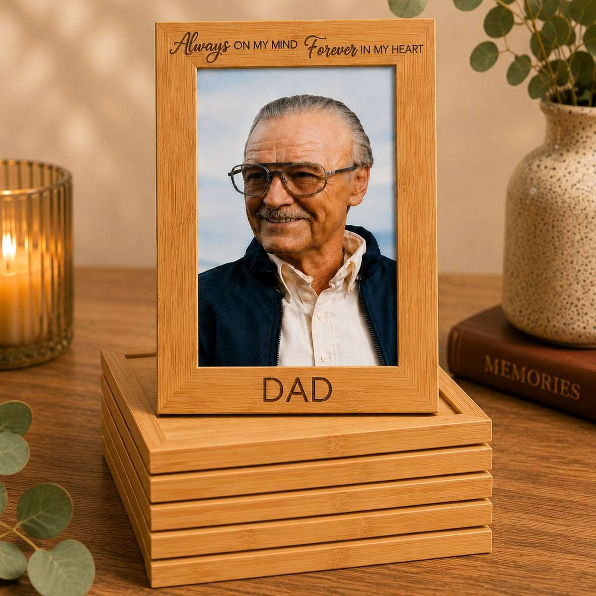 Memorial bamboo photo frames personalised with names and memorial messages for family and friends