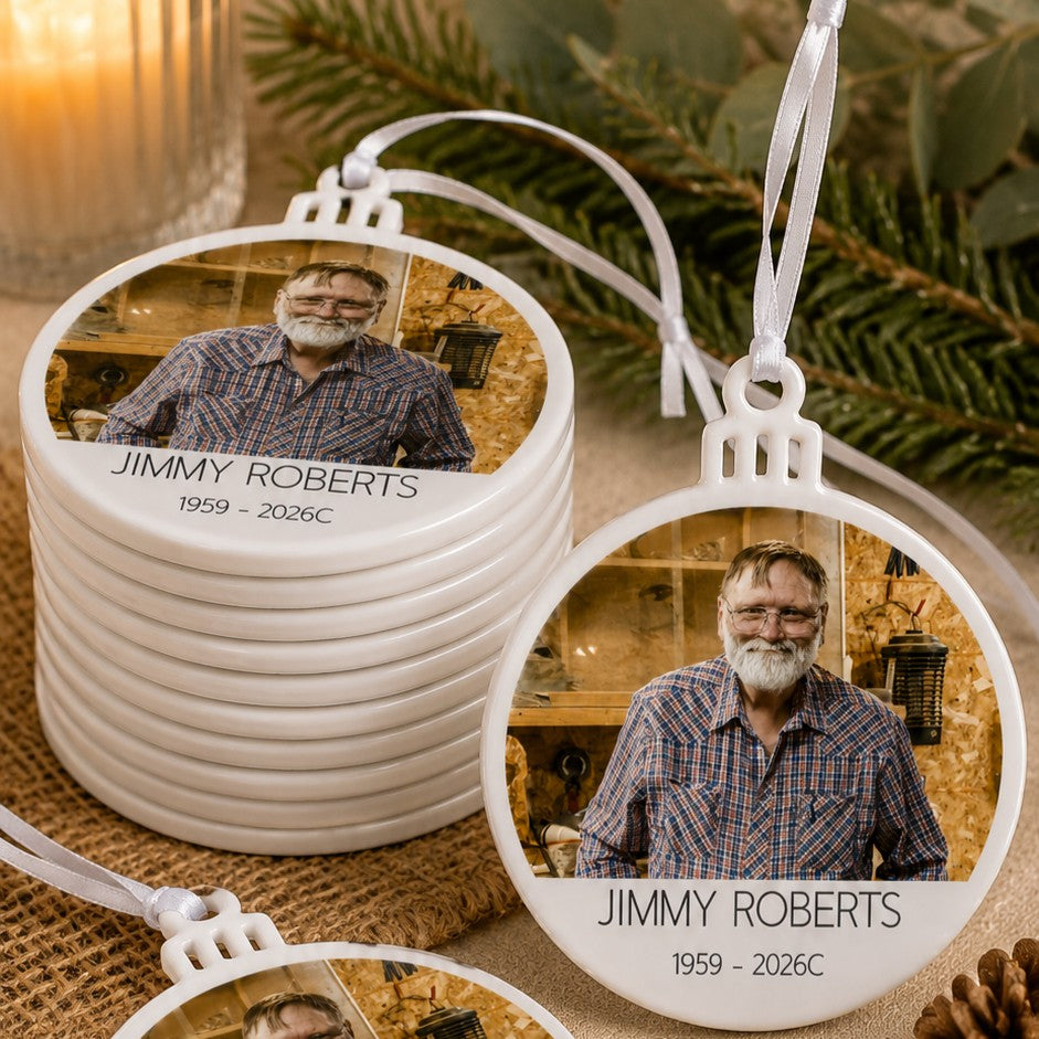 Memorial photo ornaments to share with family and friends, available in bundles of 10, 20, 50, 70 and 100
