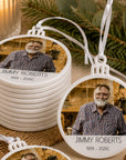 Memorial photo ornaments to share with family and friends, available in bundles of 10, 20, 50, 70 and 100