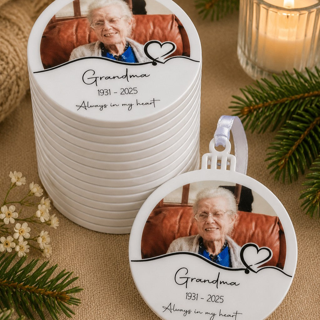 Personalised remembrance Christmas ornaments to share at funerals and celebrations of life, available in bulk packs