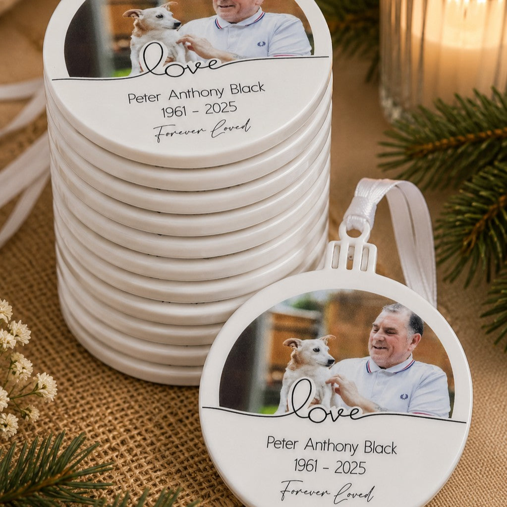 Memorial photo ornaments to share with funeral guests, available in bundles of 10, 20, 50, 70 and 100