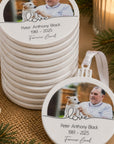 Memorial photo ornaments to share with funeral guests, available in bundles of 10, 20, 50, 70 and 100
