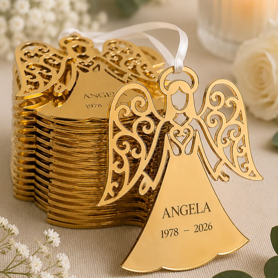 Mirror acrylic angel ornaments to share with family and friends, available in bundles of 10, 20, 50, 70 and 100