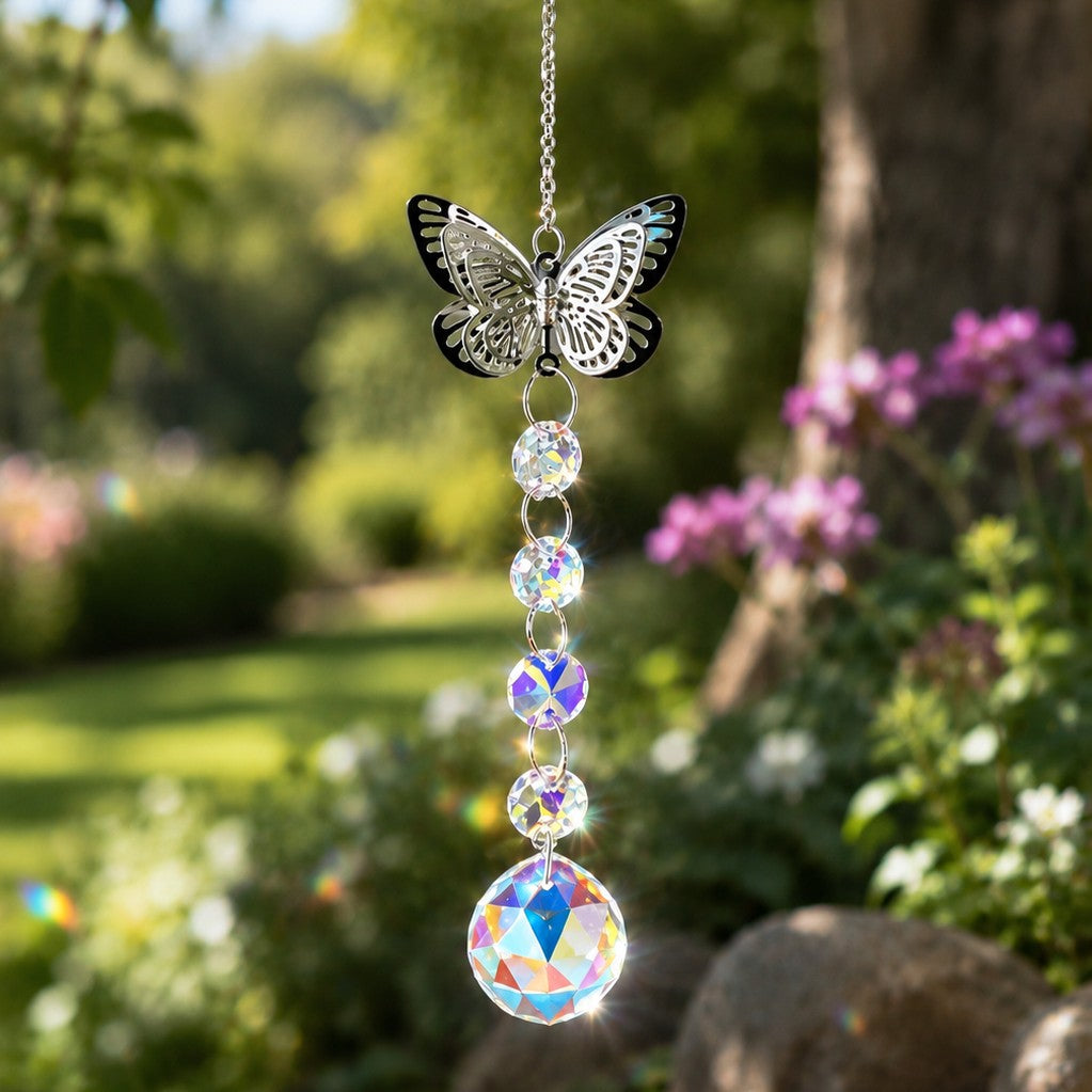 Gift boxed butterfly suncatcher with faceted crystal beads and large teardrop crystal pendant