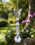 Gift boxed butterfly suncatcher with faceted crystal beads and large teardrop crystal pendant