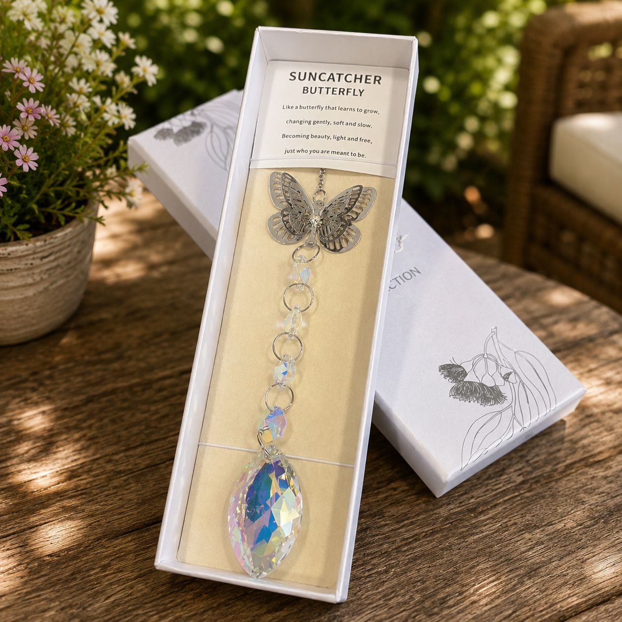 Butterfly crystal suncatcher with silver and blue butterfly presented in Reflections Collection gift box