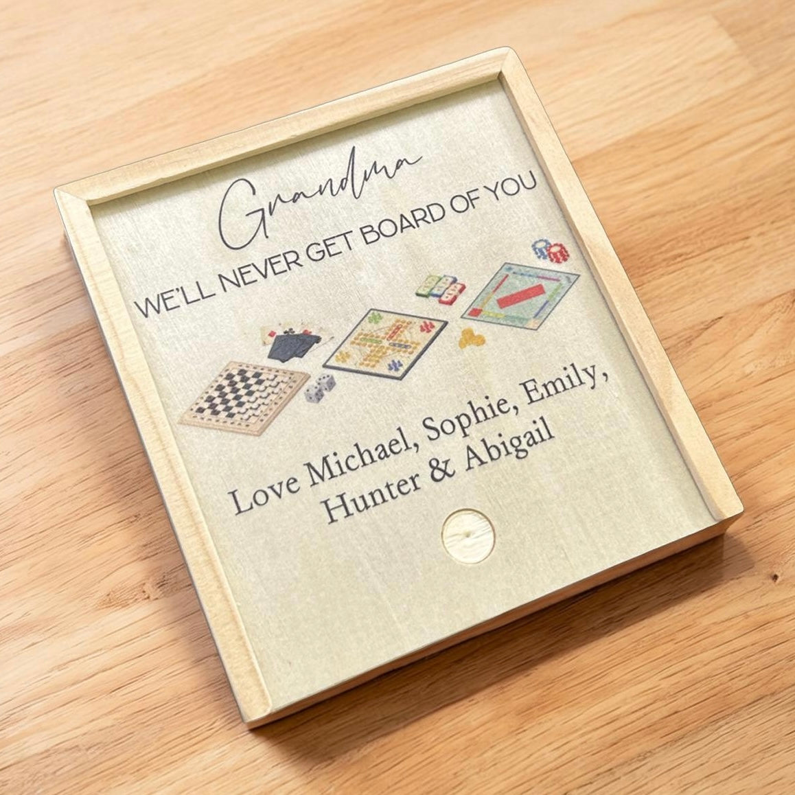 Wooden gift box with deck of cards and five dice personalised