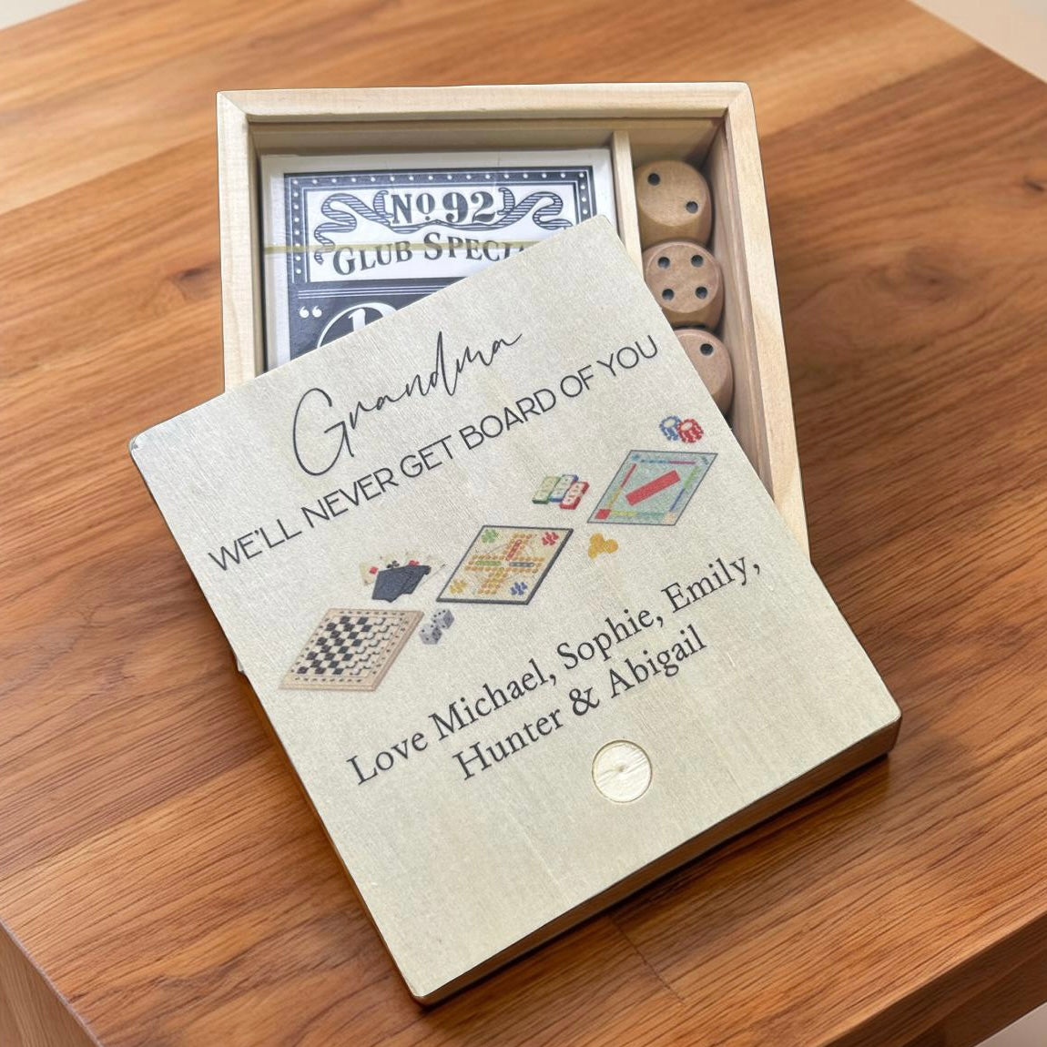 wooden card and dice game set with personalised lid