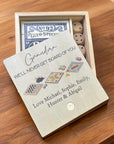 wooden card and dice game set with personalised lid