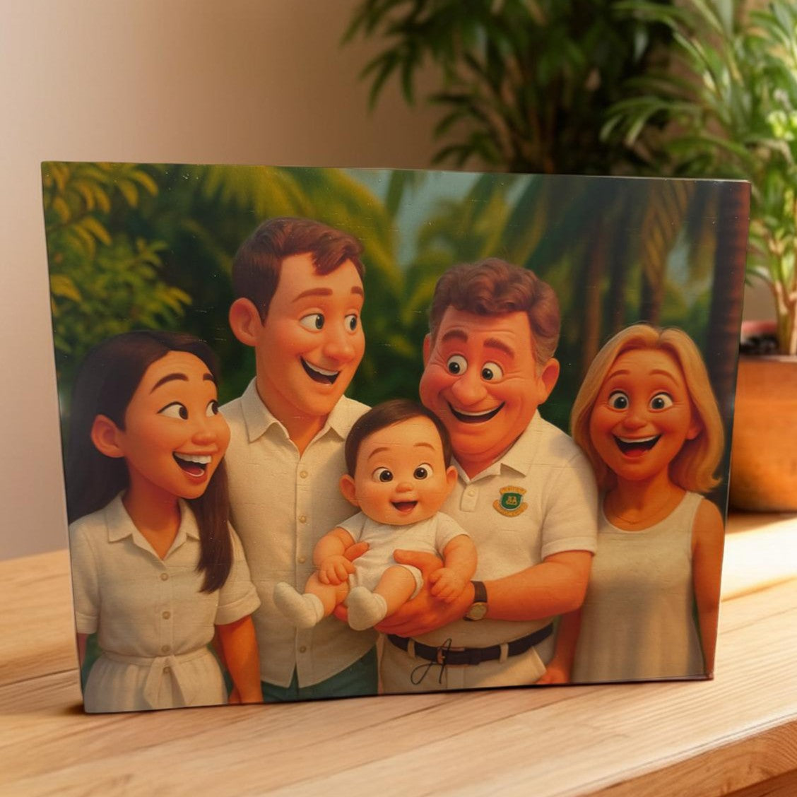Personalised family cartoon portrait printed on pine wood block
