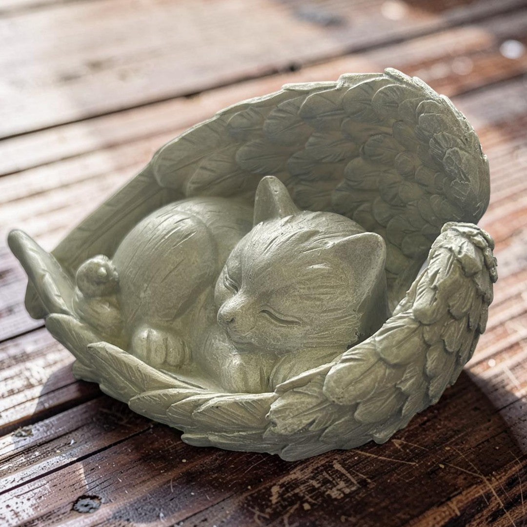 sleeping cat angel wings memorial statue