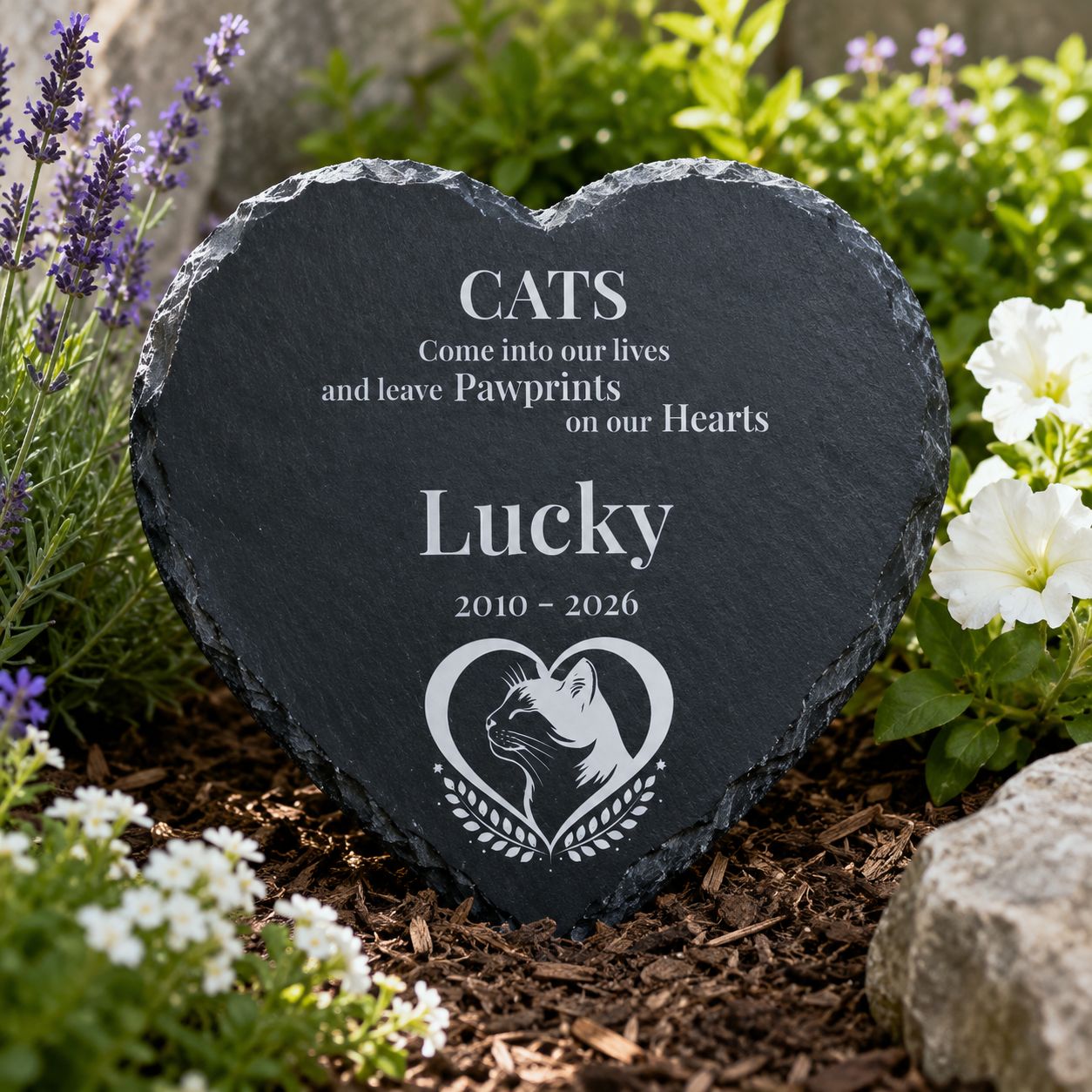 Personalised 20cm cat memorial slate heart plaque with custom name and dates