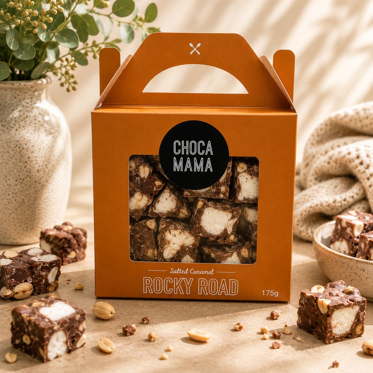 Milk chocolate rocky road with marshmallow peanuts coconut and salted caramel
