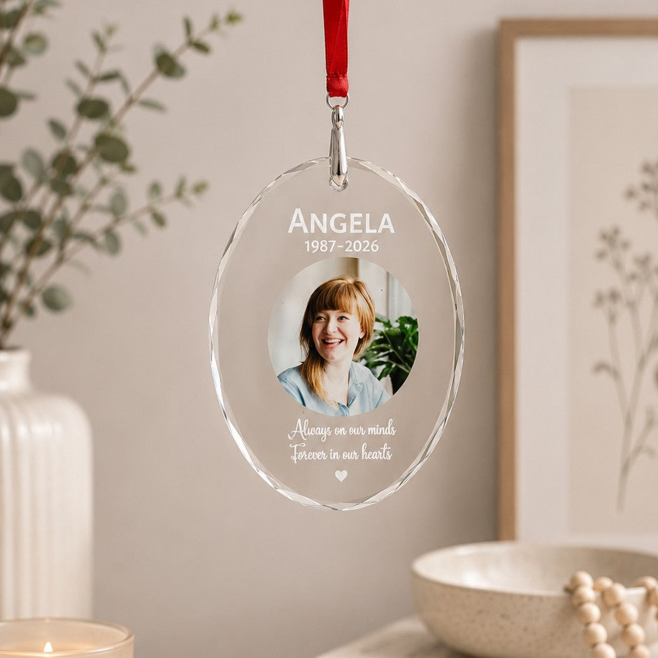 80mm personalised crystal remembrance ornament with photo and name
