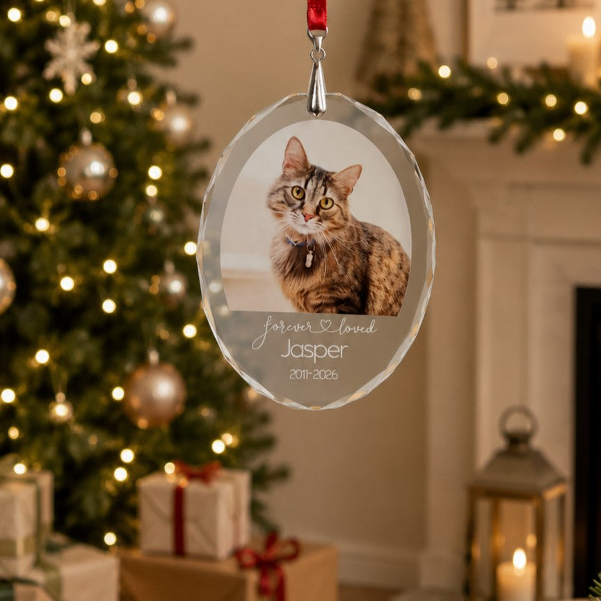 Personalised glass pet memorial Christmas ornament with photo and Forever Loved design