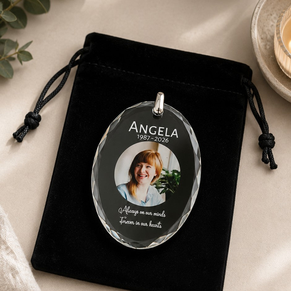 Personalised crystal memorial photo Christmas ornament with black velvet gift bag